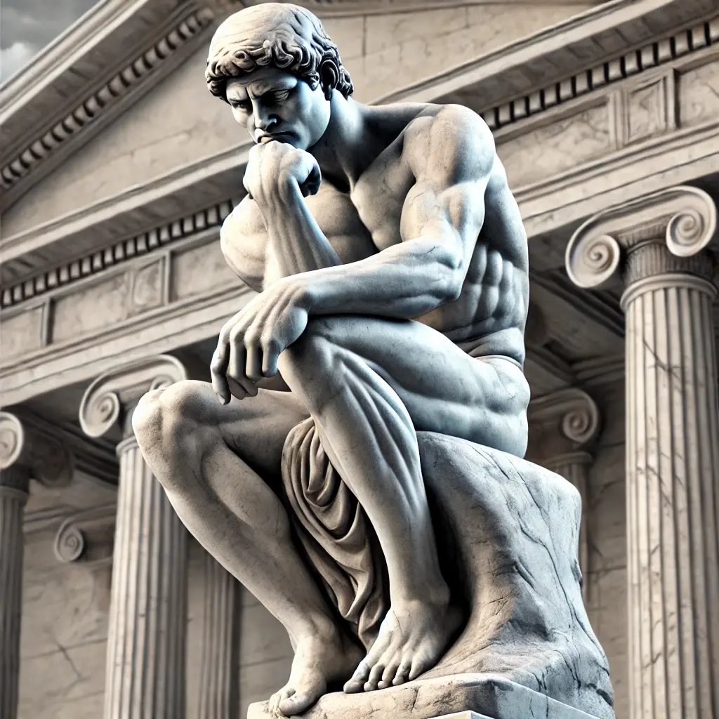 DALL·E 2024-07-14 19.26.34 - A detailed image of the classic Greek thinking man, inspired by ancient Greek sculptures. The man is seated on a stone pedestal, with his chin resting